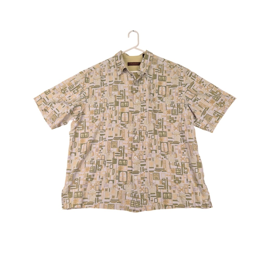 Tori Richard Honolulu Silk Cotton Tiki Mask Geometric Print Shirt Mens XL Green